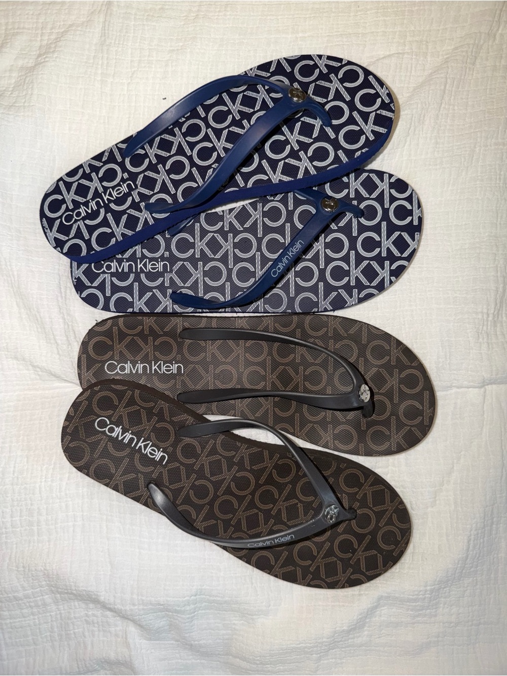 Calvin Klein Women's Flip Flops — Navy and Brown Pair